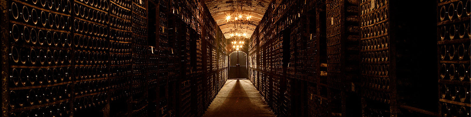 Dimly lit wine cellar with endless rows of wine bottles stacked on shelves along brick walls. A metal gate is seen at the end of the narrow passage, with warm lighting creating a rustic ambiance.