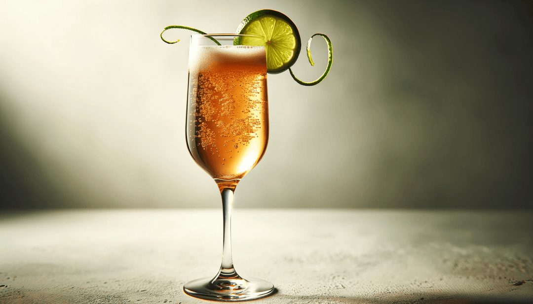 A sparkling beverage in a tall glass adorned with a slice of lime and a curly zest. The drink appears effervescent against a soft, neutral background.