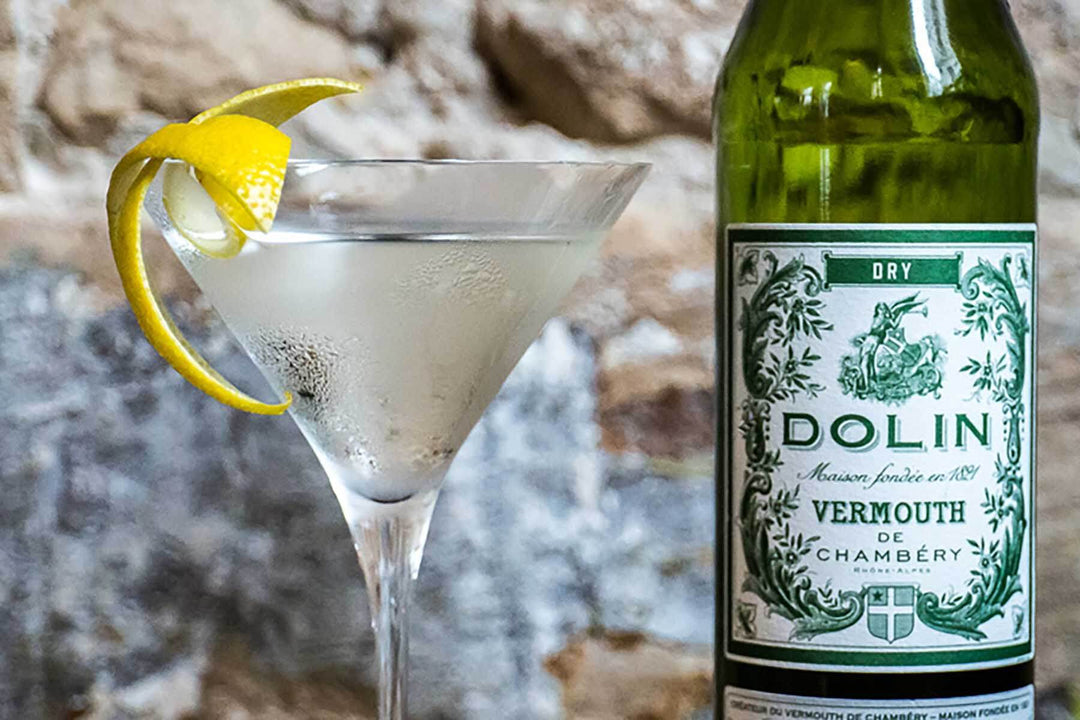 A glass of clear cocktail garnished with a lemon twist sits next to a bottle of Dolin dry vermouth against a rustic brick wall.