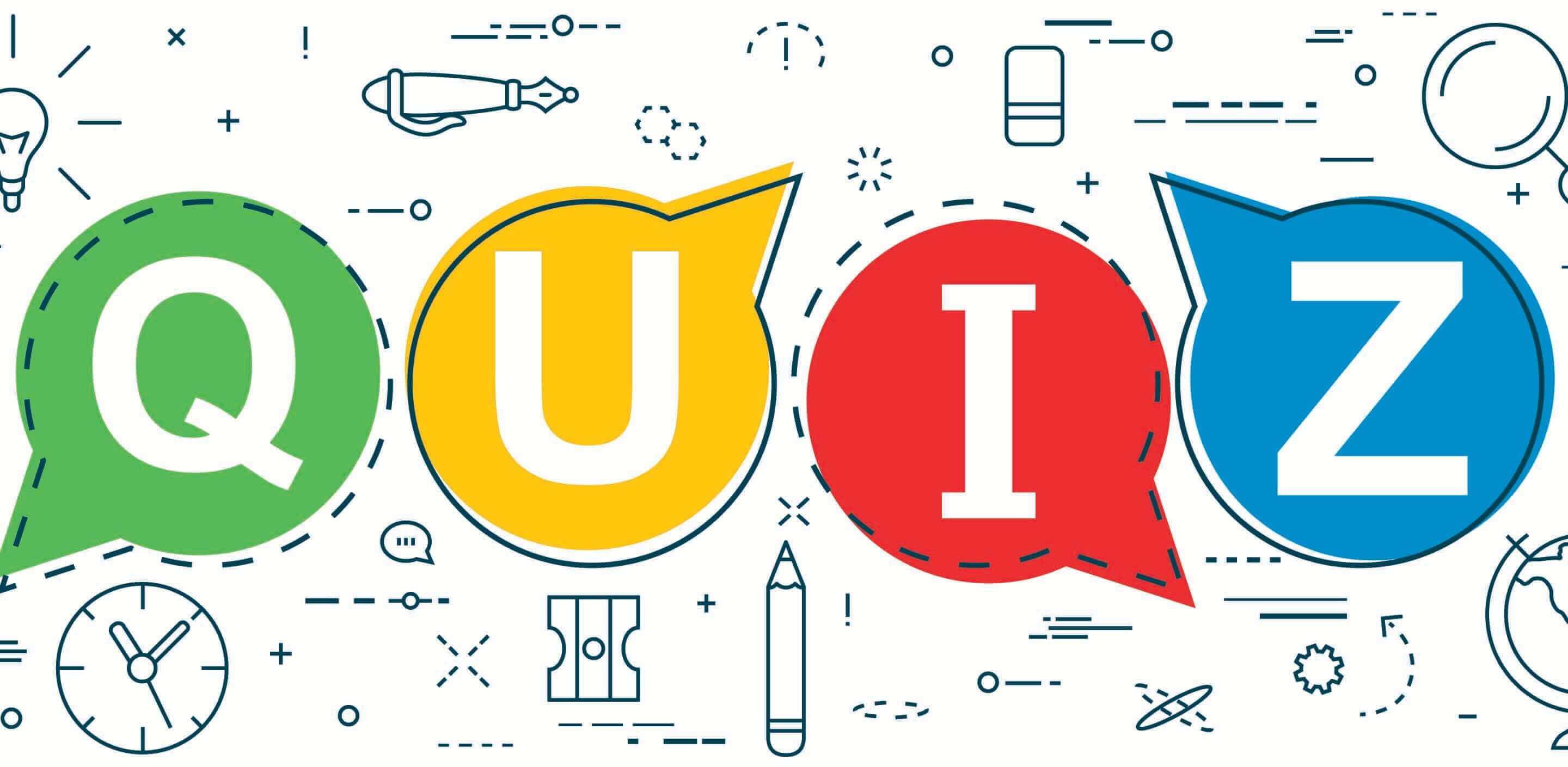 Colorful speech bubbles spell QUIZ in green, yellow, red, and blue. The background features various icons like a light bulb, pencil, clock, and book, creating a playful and educational theme.